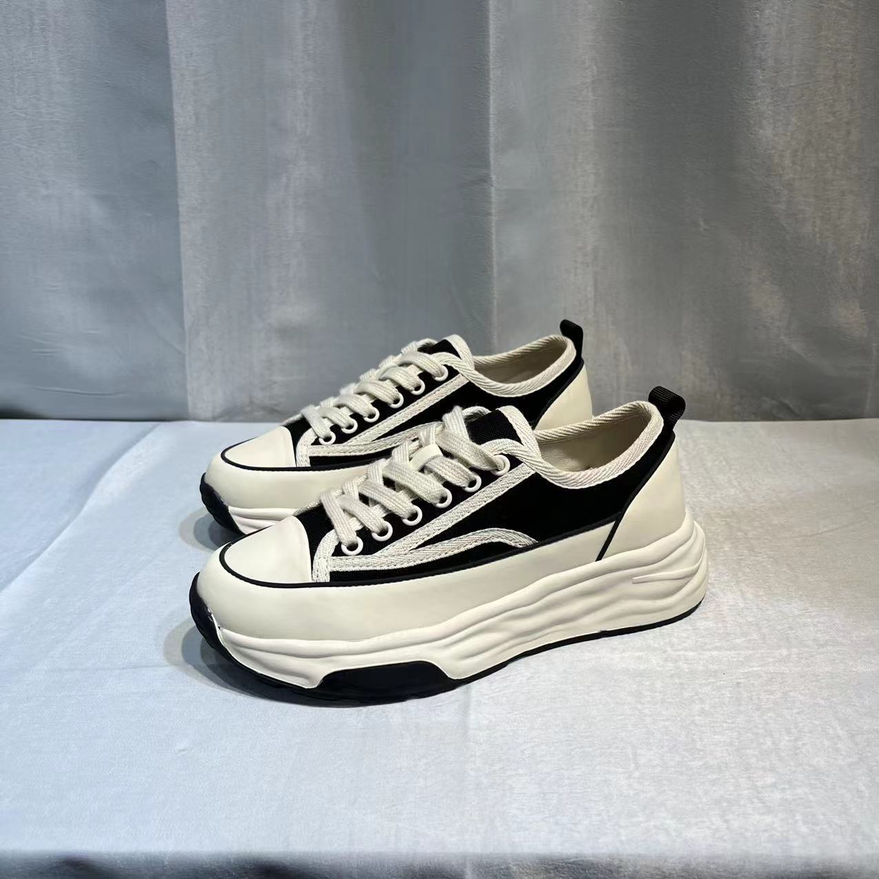 Women's Spring Thick Bottom Versatile Korean Style White Round Canvas Shoes Newgew