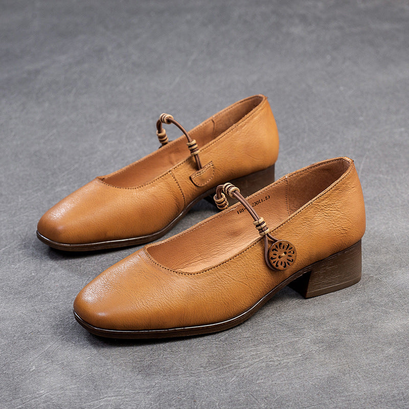Women Retro Leather Casual Low Block Pumps Newgew Shoes