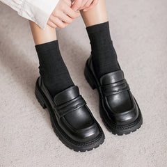 Women Casual Retro Leather Low Block Loafers Newgew Shoes