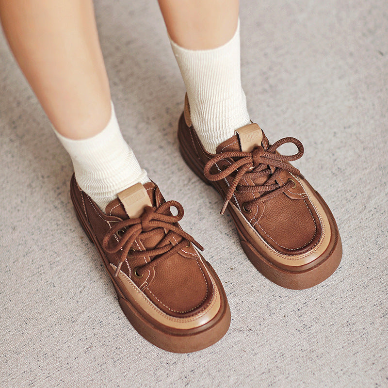 Women Retro Patchwork Leather Flat Casual Shoes Newgew Shoes