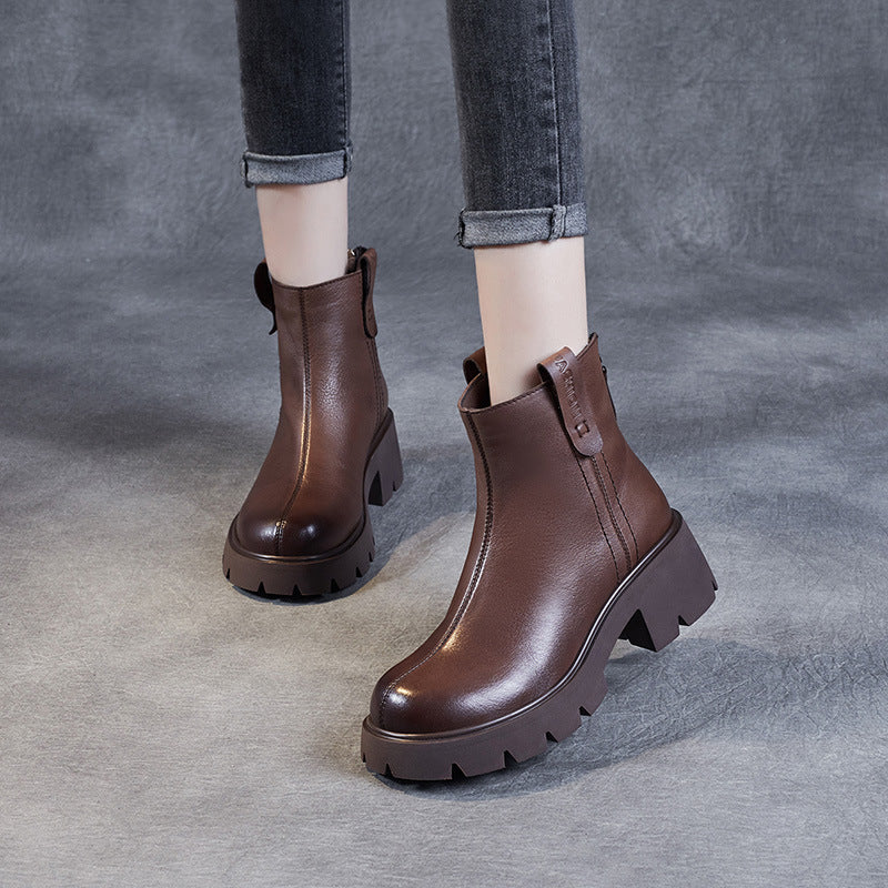 Women Retro Casual Patchwork Leather Chunky Heel Boots Newgew Shoes