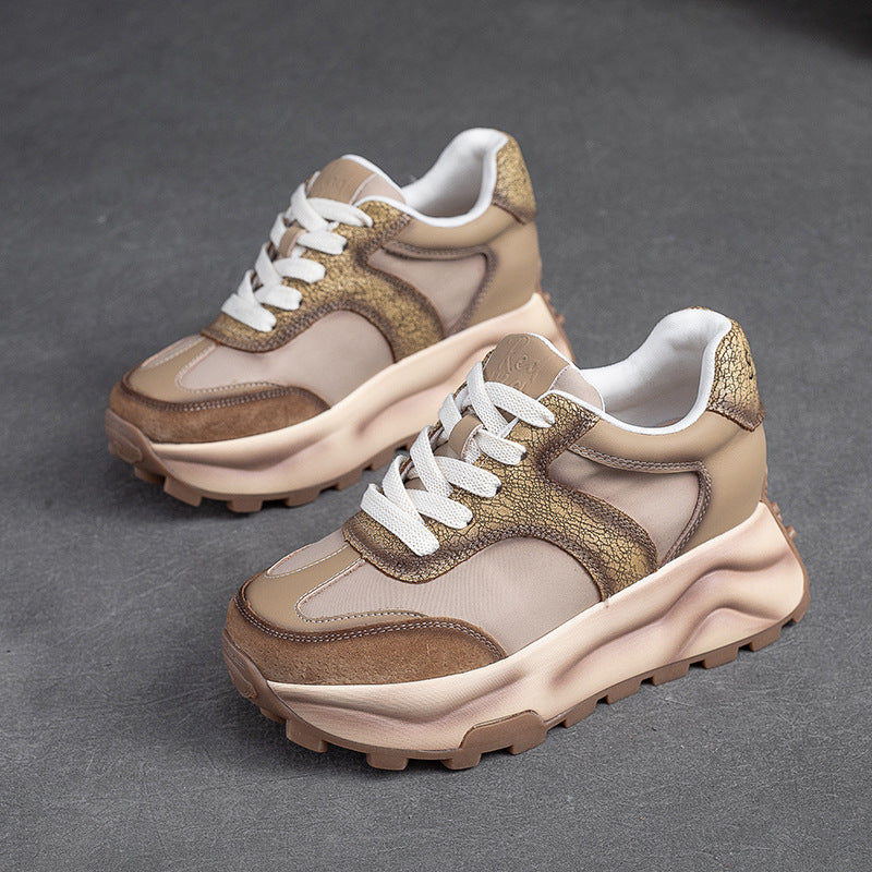 Women Retro Patchwork Leather Thick Soled Casual Shoes Newgew Shoes