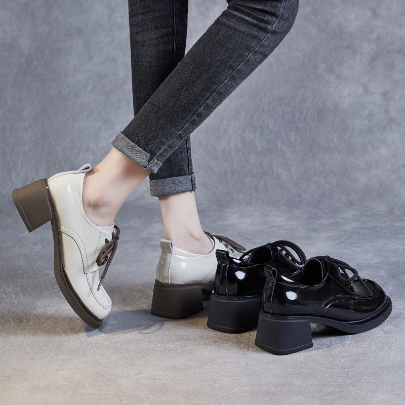 Women Minimalist Soft Glossy Leather Chunky Heel Shoes Newgew Shoes