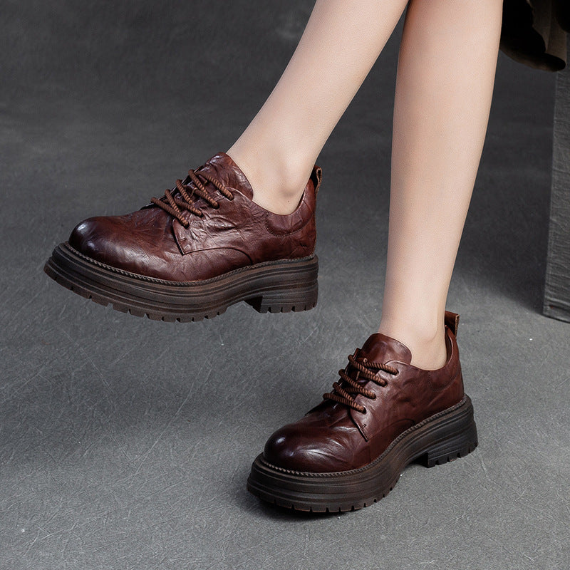 Women Retro Pleated Leather Thick Soled Casual Shoes Newgew Shoes