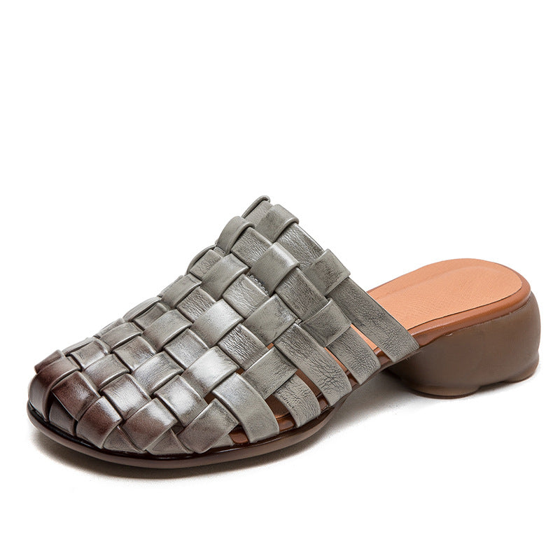 Women Handmade Plaited Leather Low Block Slides Sandals Newgew Shoes