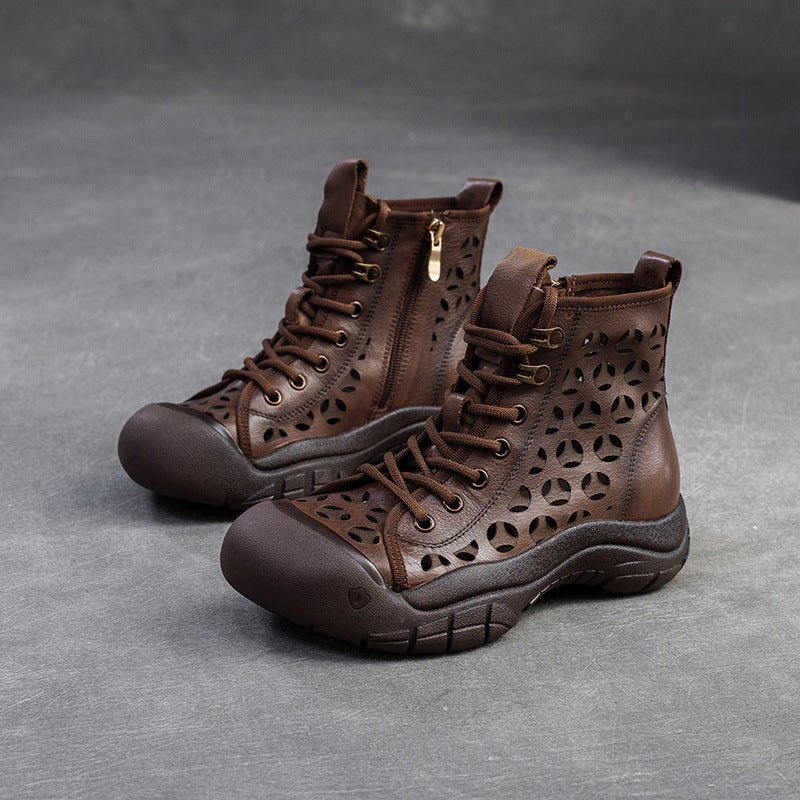 Women Retro Breathable Hollow Leather Casual Boots Newgew Shoes