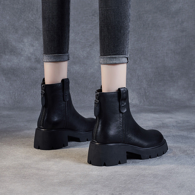Women Retro Casual Patchwork Leather Chunky Heel Boots Newgew Shoes