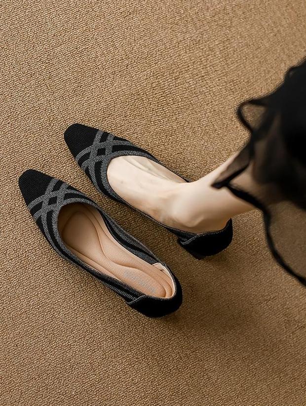 Knitted Pointed Toe Low Heel Shoes Newgew