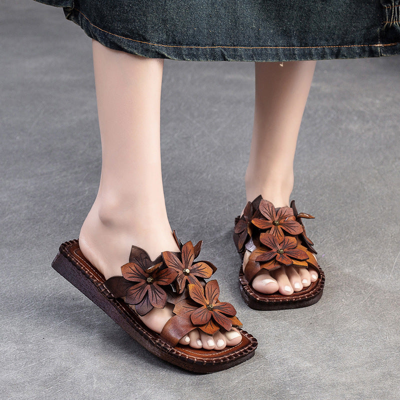 Women Retro Casual Flower Leather Flat Slides Newgew Shoes