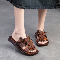 Women Retro Casual Flower Leather Flat Slides Newgew Shoes