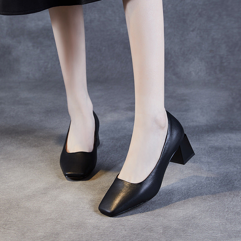 Women Minimalist Leather Square Toe Chunky Heel Pumps Newgew Shoes