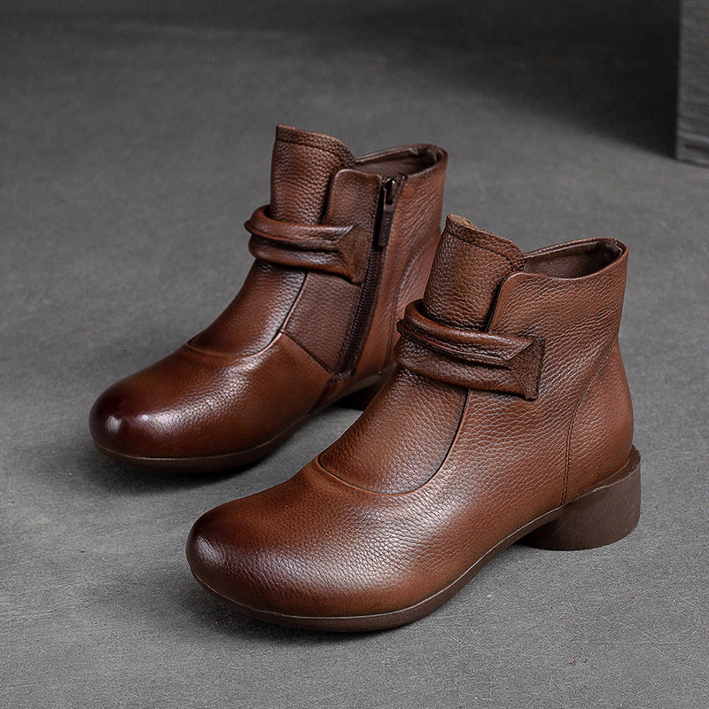 Women Retro Leather Low Heel Ankle Boots Newgew Shoes