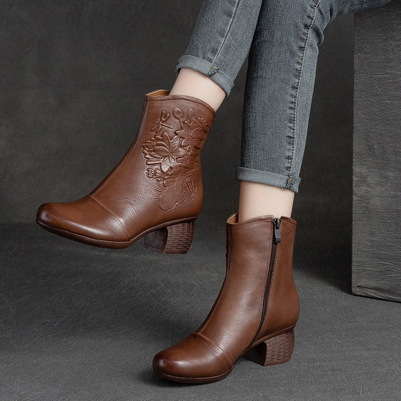 Women Retro Figured Leather Chunky Heel Mid-Calf Boots Newgew Shoes
