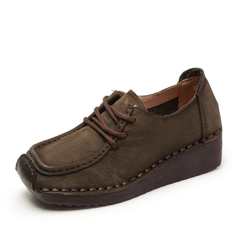 Women Retro Leather Square Head Low Wedge Shoes Newgew Shoes