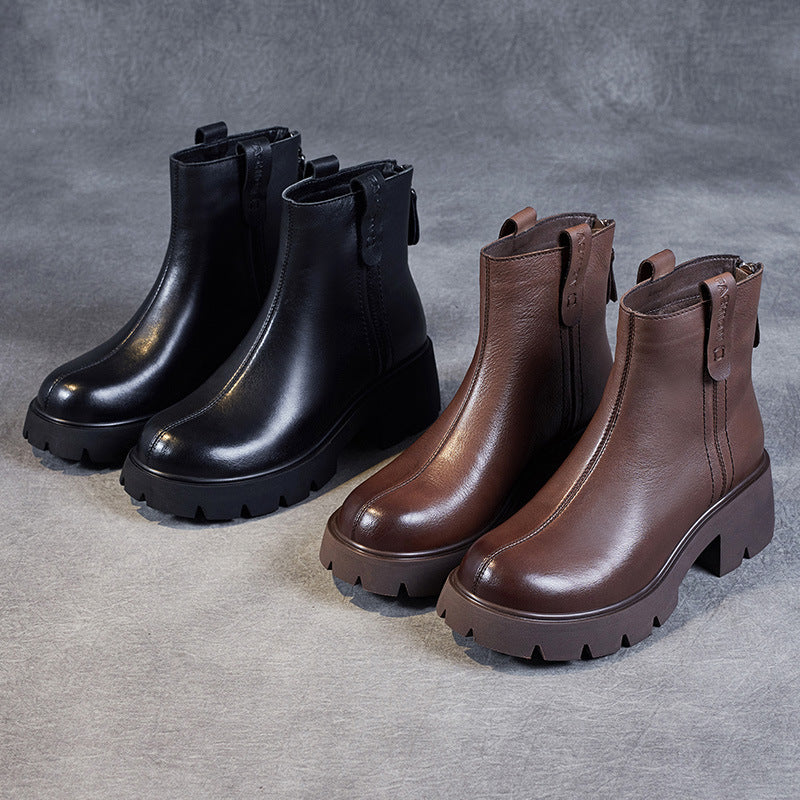 Women Retro Casual Patchwork Leather Chunky Heel Boots Newgew Shoes