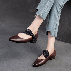 Women Elegant Leather Pointed Toe Low Block Pumps Newgew Shoes