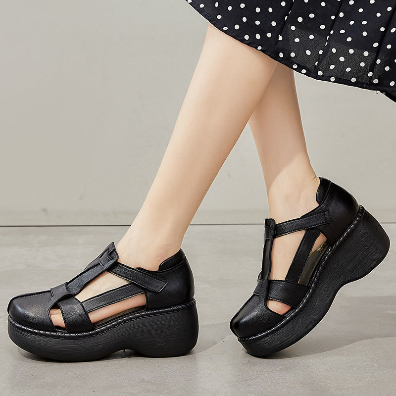 Women Retro Soft Plaited Leather Wedge Sandals Newgew Shoes