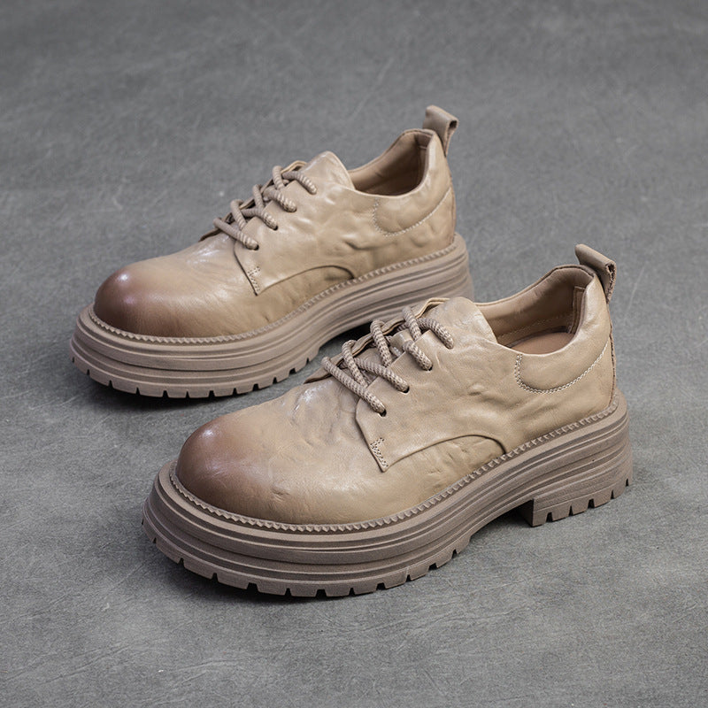 Women Retro Pleated Leather Thick Soled Casual Shoes Newgew Shoes