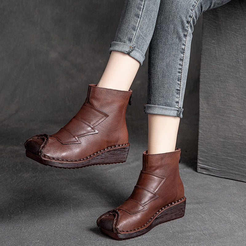 Women Retro Cowhide Low Wedge Casual Boots Newgew Shoes