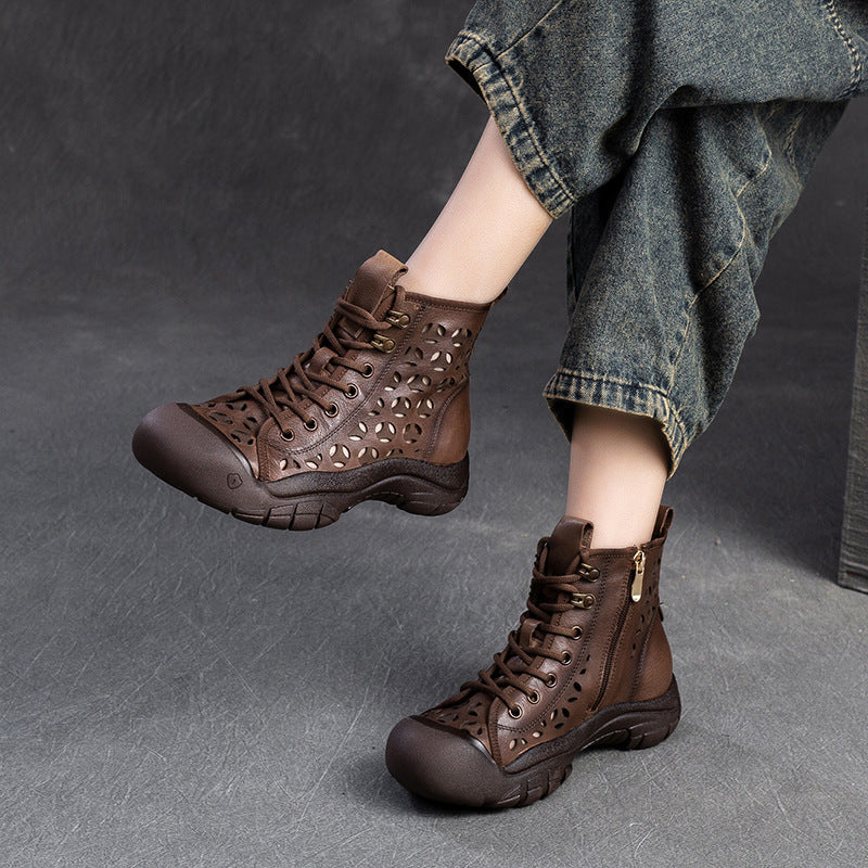 Women Retro Breathable Hollow Leather Casual Boots Newgew Shoes