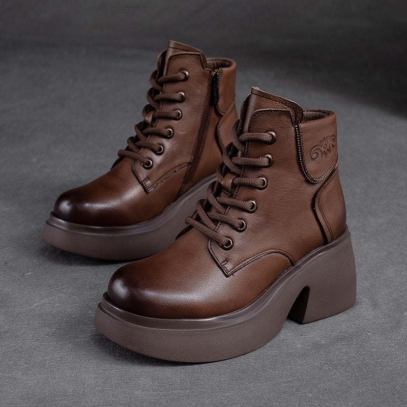 Women Retro Casual Leather Chunky Heel Boots Newgew Shoes
