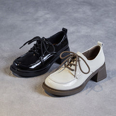 Women Minimalist Soft Glossy Leather Chunky Heel Shoes Newgew Shoes