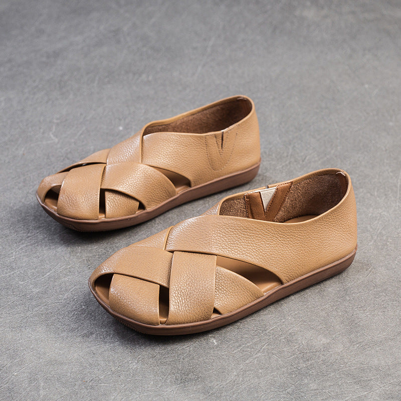 Women Retro Soft Leather Summer Flat Sandals Newgew Shoes