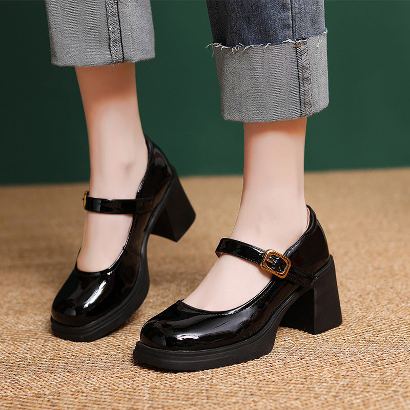 Women Minimalism Leather Chunky Heel Mary Jane Shoes Newgew Shoes