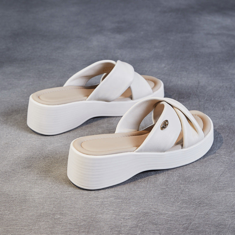 Women Casual Leather Soft Platform Slides Sandals Newgew Shoes