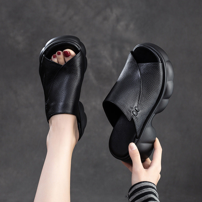 Women Minimalist Casual Leather Platform Slides Sandals Newgew Shoes