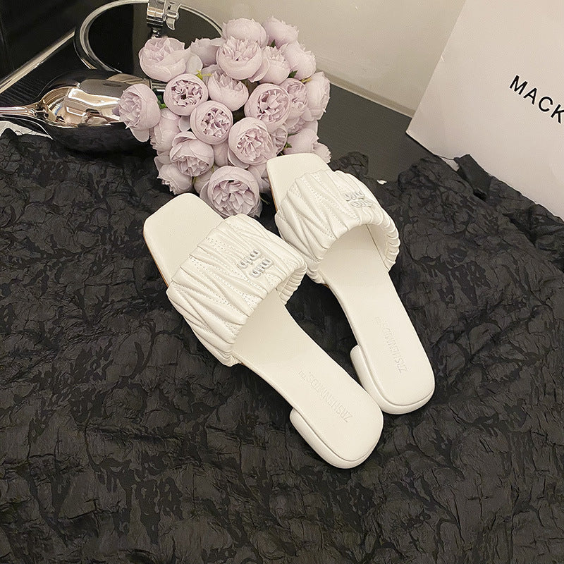 Pleated Flat Heel Non-Slip Square Toe Sandals NewGew