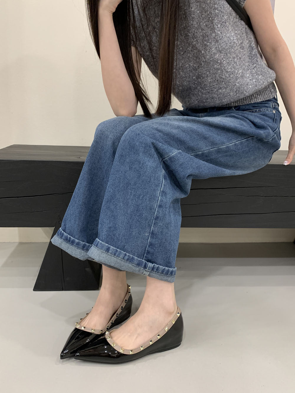 French pointed-toe shallow rivet single shoes NewGew