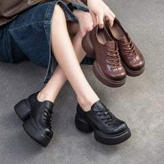 Women Minimalist Solid Leather Chunky Platform Casual Shoes Newgew Shoes