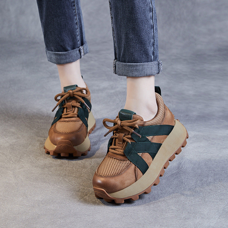 Women Retro Breathable Mesh Leather Thick Soled Shoes Newgew Shoes