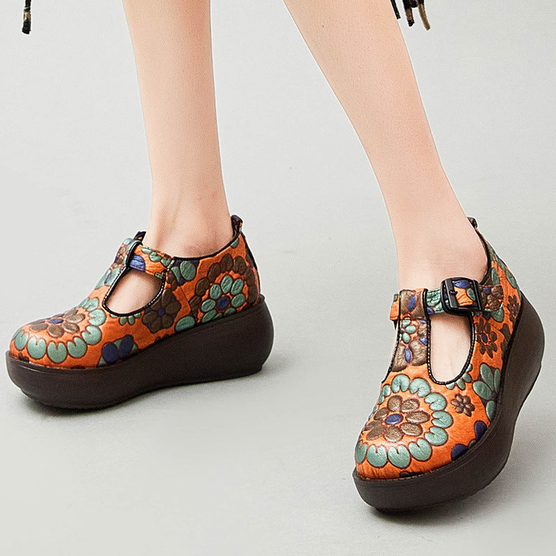 Women Retro Floral Cowhide Casual Shoes Newgew Shoes