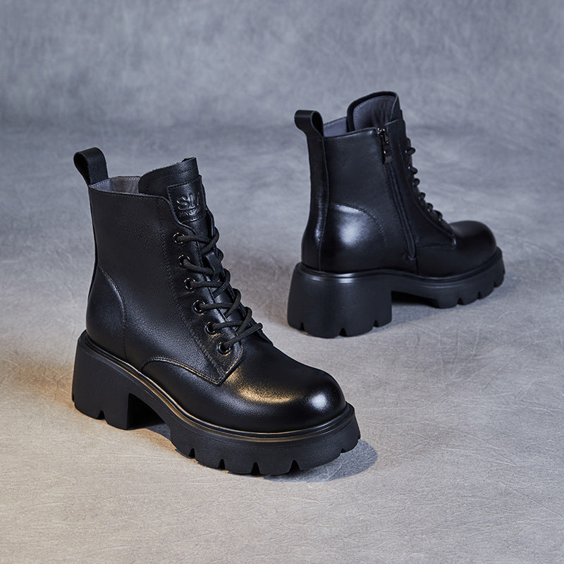Women Minimalist Leather Furred Chunky Platform Boots Newgew Shoes