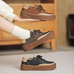 Women Retro Patchwork Leather Flat Casual Shoes Newgew Shoes