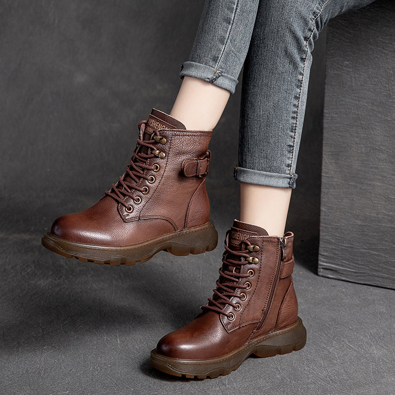 Women Retro Leather Flat Thick Soled Casual Boots Newgew Shoes