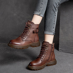 Women Retro Leather Flat Thick Soled Casual Boots Newgew Shoes