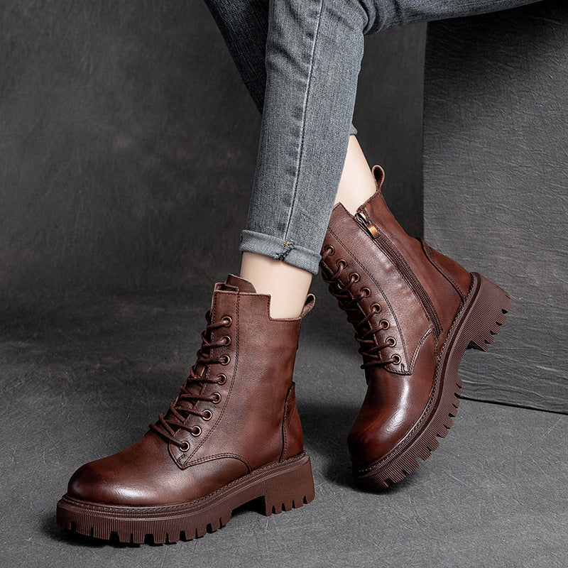 Women Retro Casual Leather Thick Soled Boots Newgew Shoes