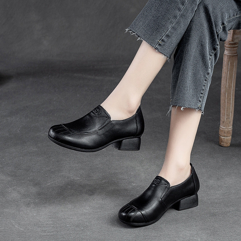 Women Retro Leather Chunky Heel Casual Shoes Newgew Shoes