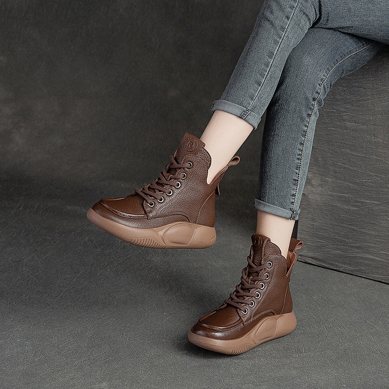 Women Retro Casual Solid Cowhide Boots Newgew Shoes