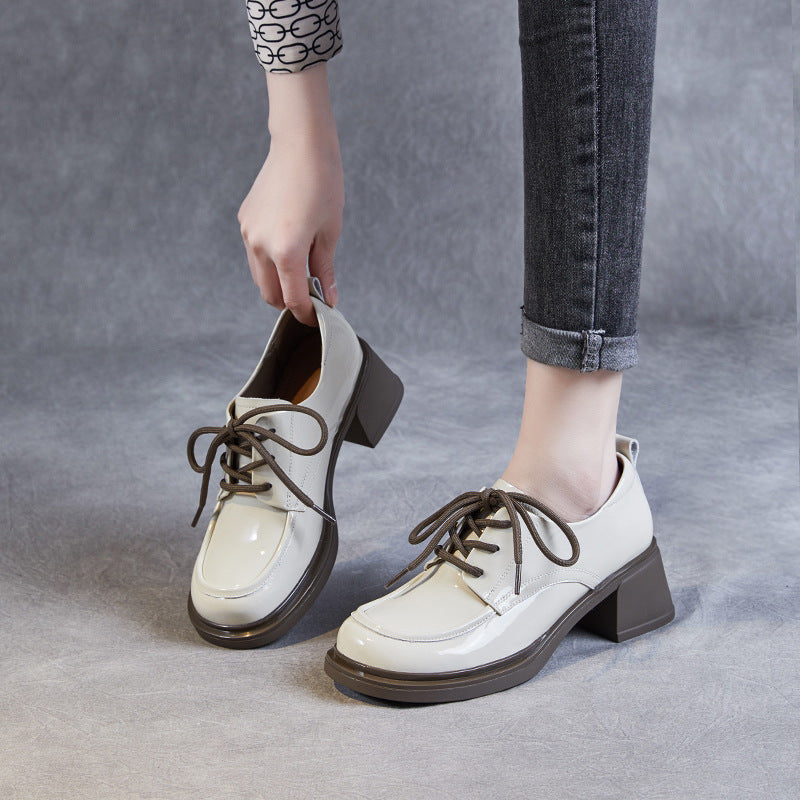Women Minimalist Soft Glossy Leather Chunky Heel Shoes Newgew Shoes