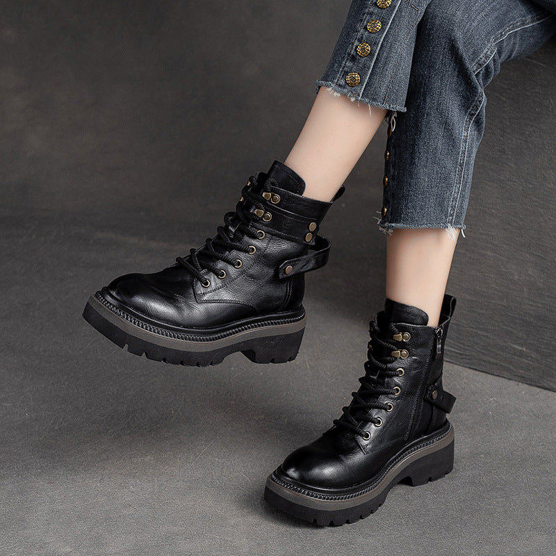 Women Retro Classic Leather Chunky Heel Boots Newgew Shoes