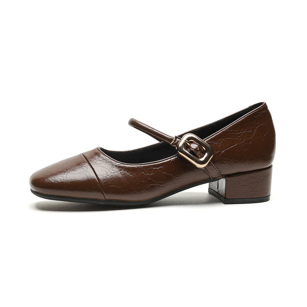 Women Minimalist Retro Leather Low Block Pumps Newgew Shoes