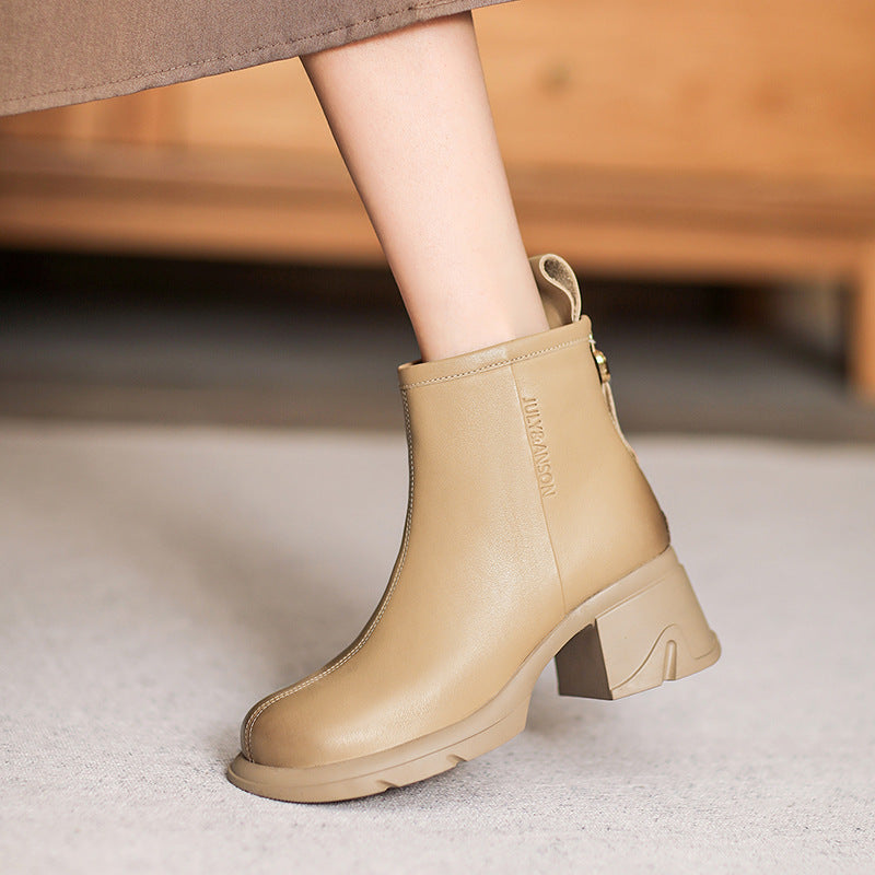 Women Minimalist Solid Leather Chunky Heel Ankle Boots Newgew Shoes