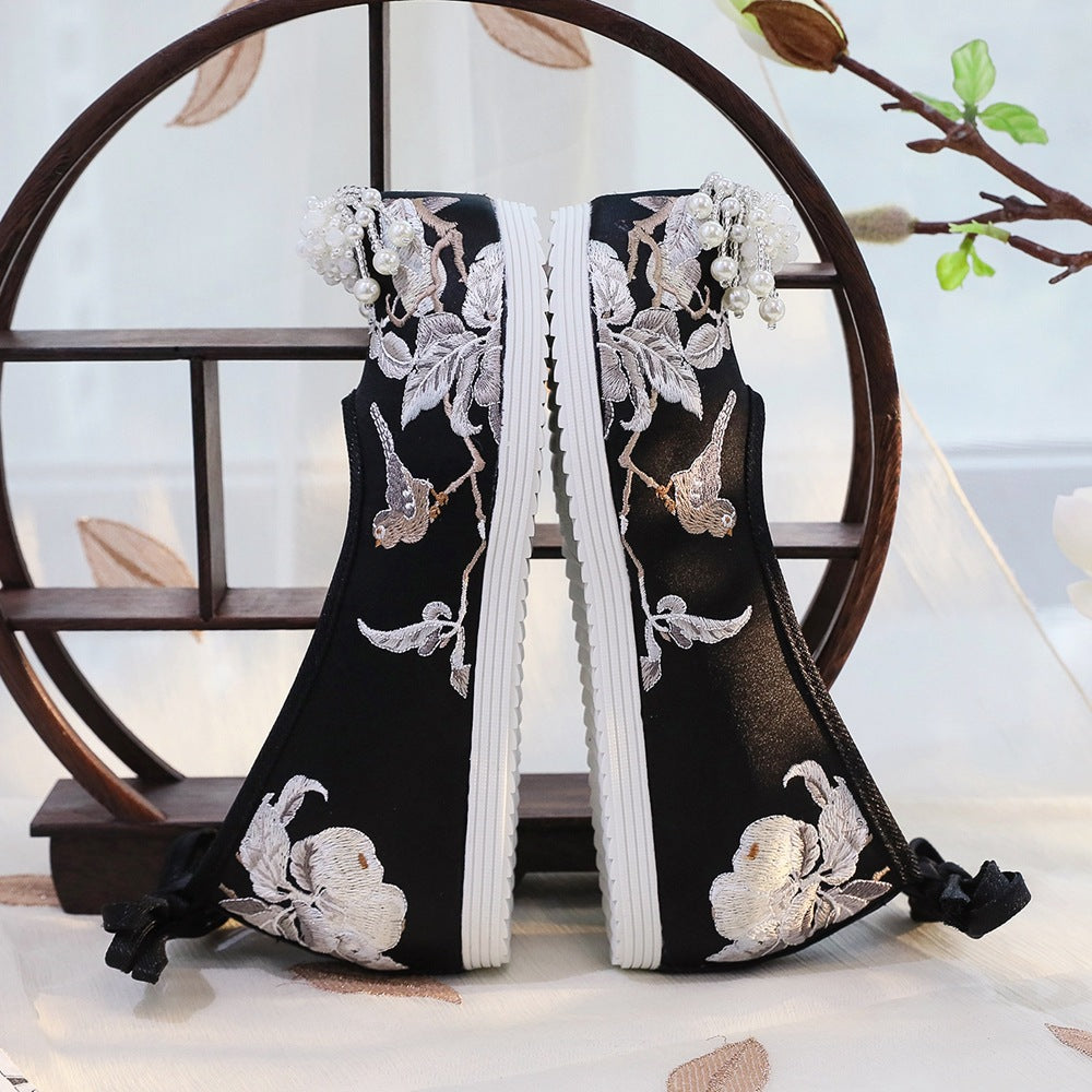 Women's Black Ancient Cloth Style Increased National Canvas Shoes Newgew