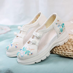 Women's Clan Ancient Style Mesh Embroidered Wedge Canvas Shoes Newgew
