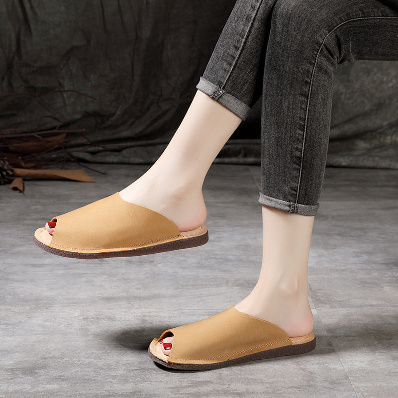 Women Retro Soft Cowhide Summer Flat Slides Newgew Shoes