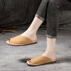 Women Retro Soft Cowhide Summer Flat Slides Newgew Shoes